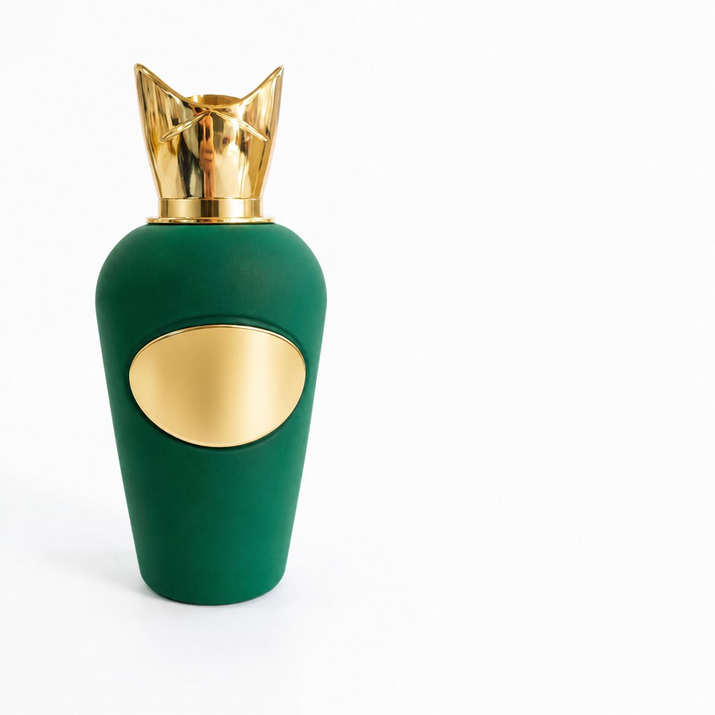 0.4 m factice perfume bottle display model in deep emerald green velvet-flocked fiberglass with a polished gold crown cap and a blank gold oval plaque
