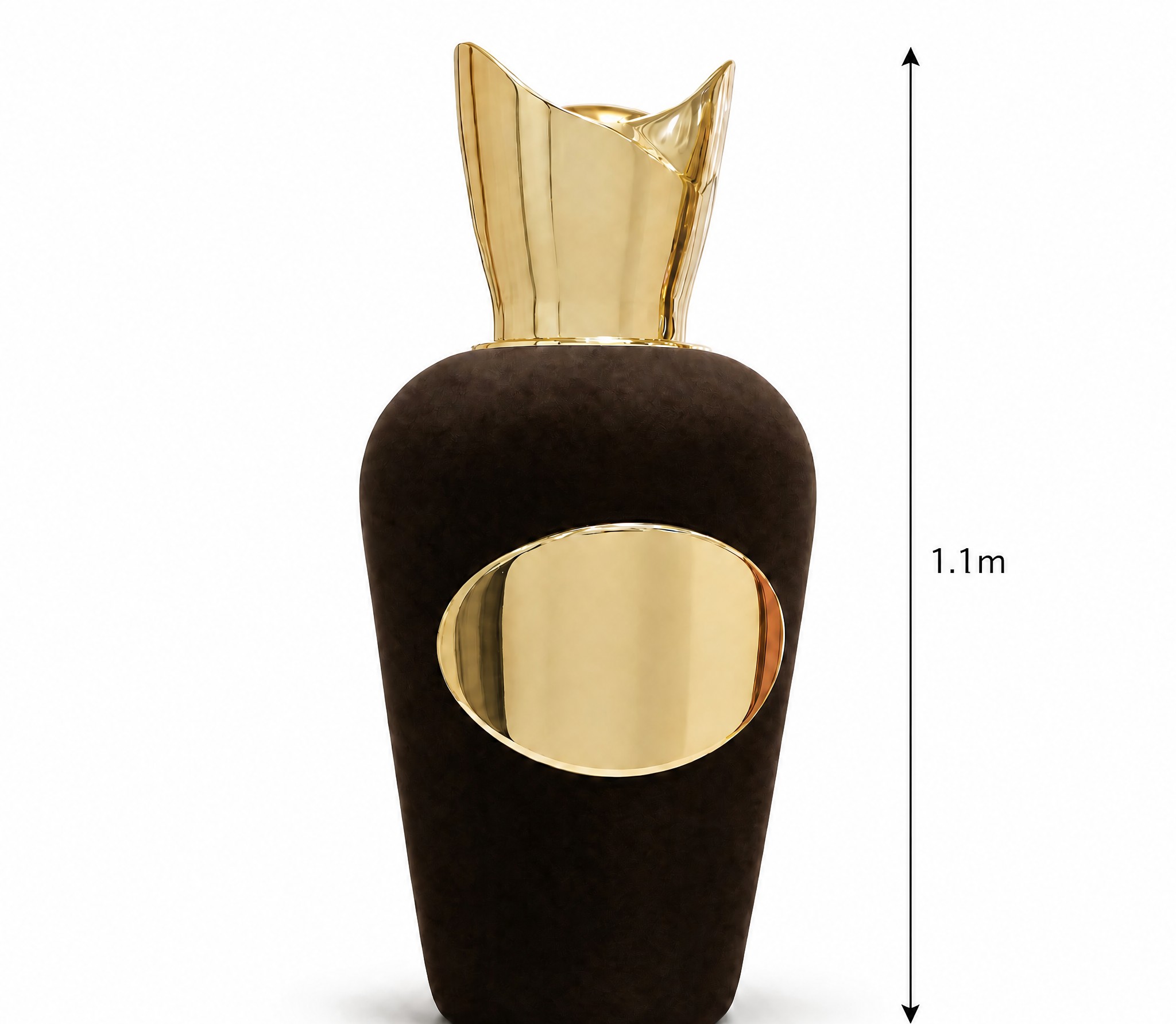 1.1 m giant perfume bottle factice display model in deep brown velvet flocked fiberglass with a gold-plated sculpted cap