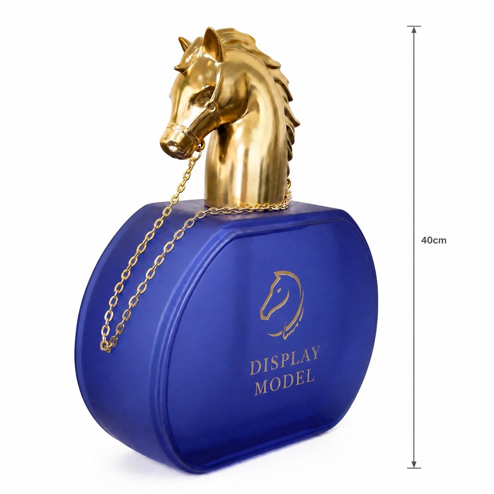 40 cm factice perfume bottle display model in frosted translucent blue acrylic with a gold-plated horse head cap