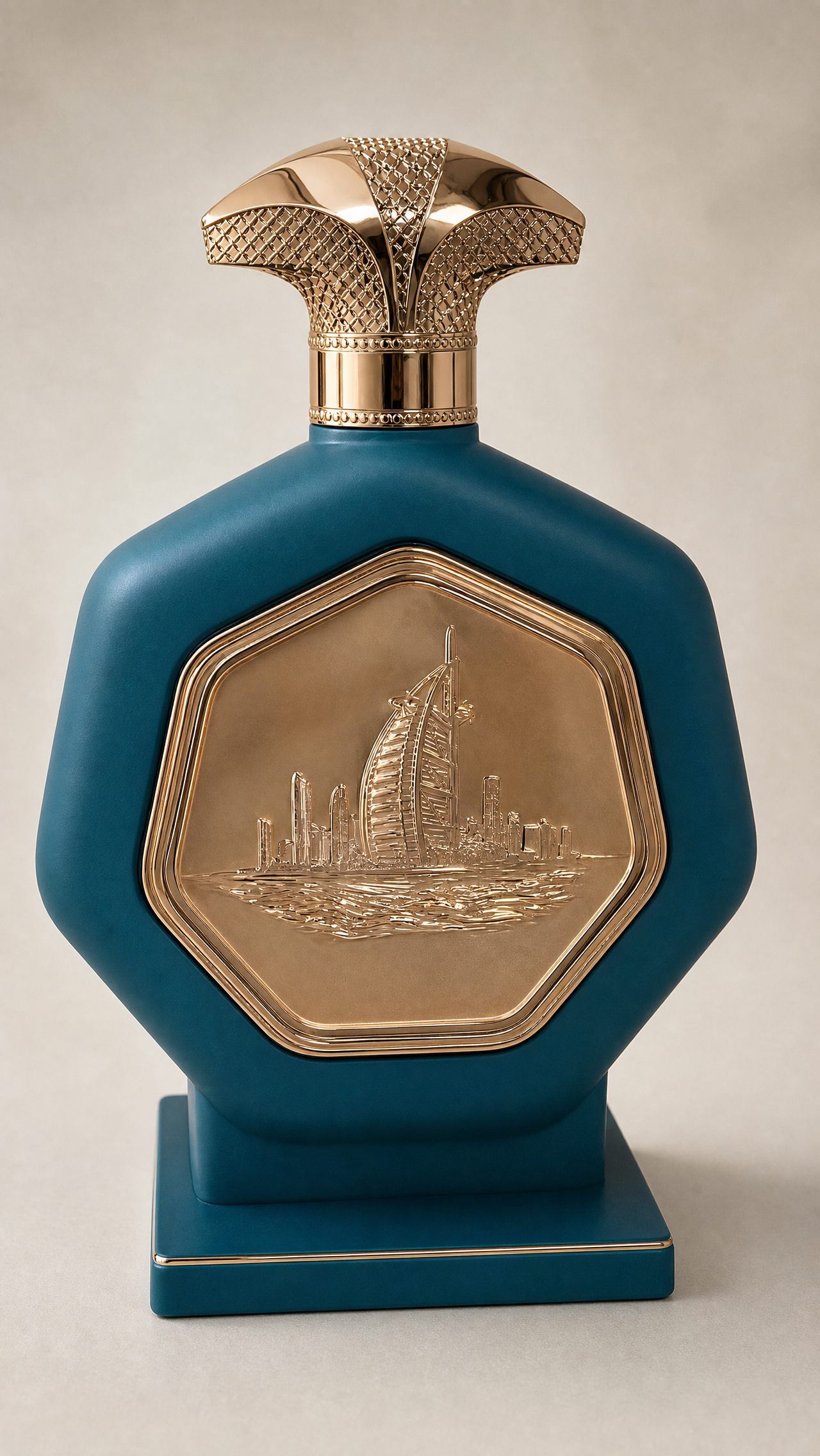 Tall hexagonal deep-teal perfume bottle display model with a rose-gold crown cap on a studio background
