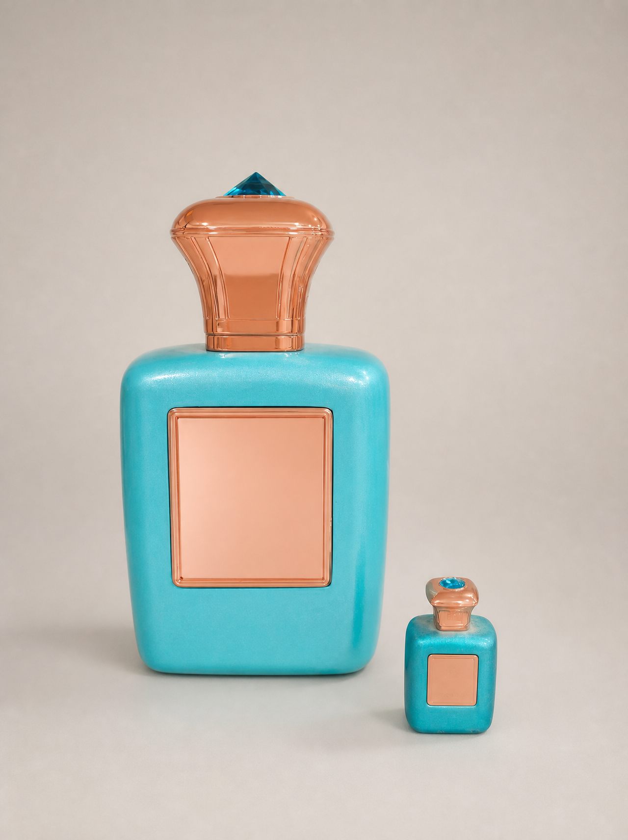 Turquoise pearl-finish perfume bottle display models with rose-gold caps and faceted blue gem finials on a studio background