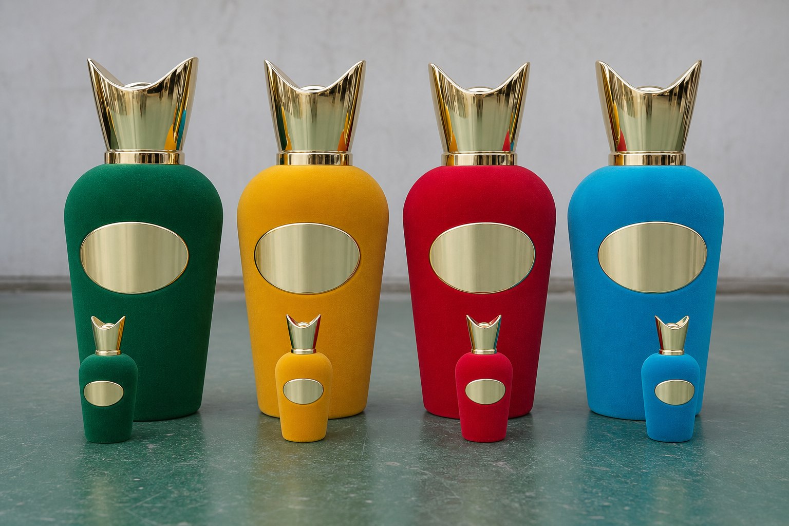 Four velvet-flocked factice perfume bottles in green, yellow, red and blue lined up in the workshop, each with a polished gold crown cap and blank plaque
