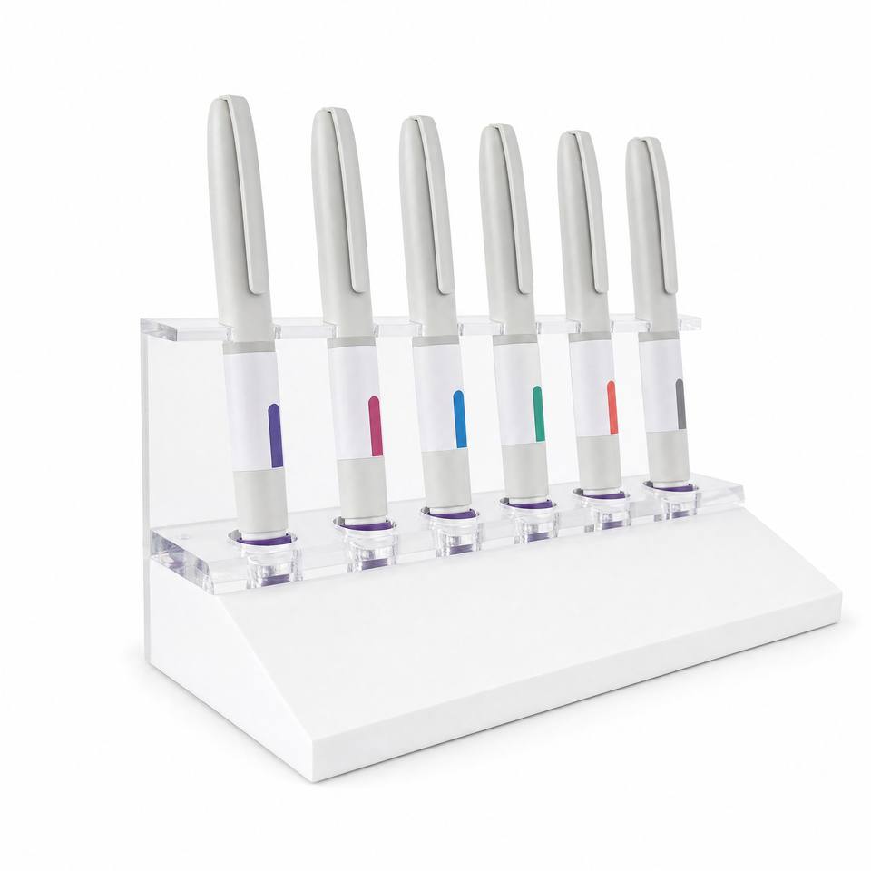 Custom 1:1 scale resin injection pen display models, six pens in a white wedge base with a clear acrylic holder