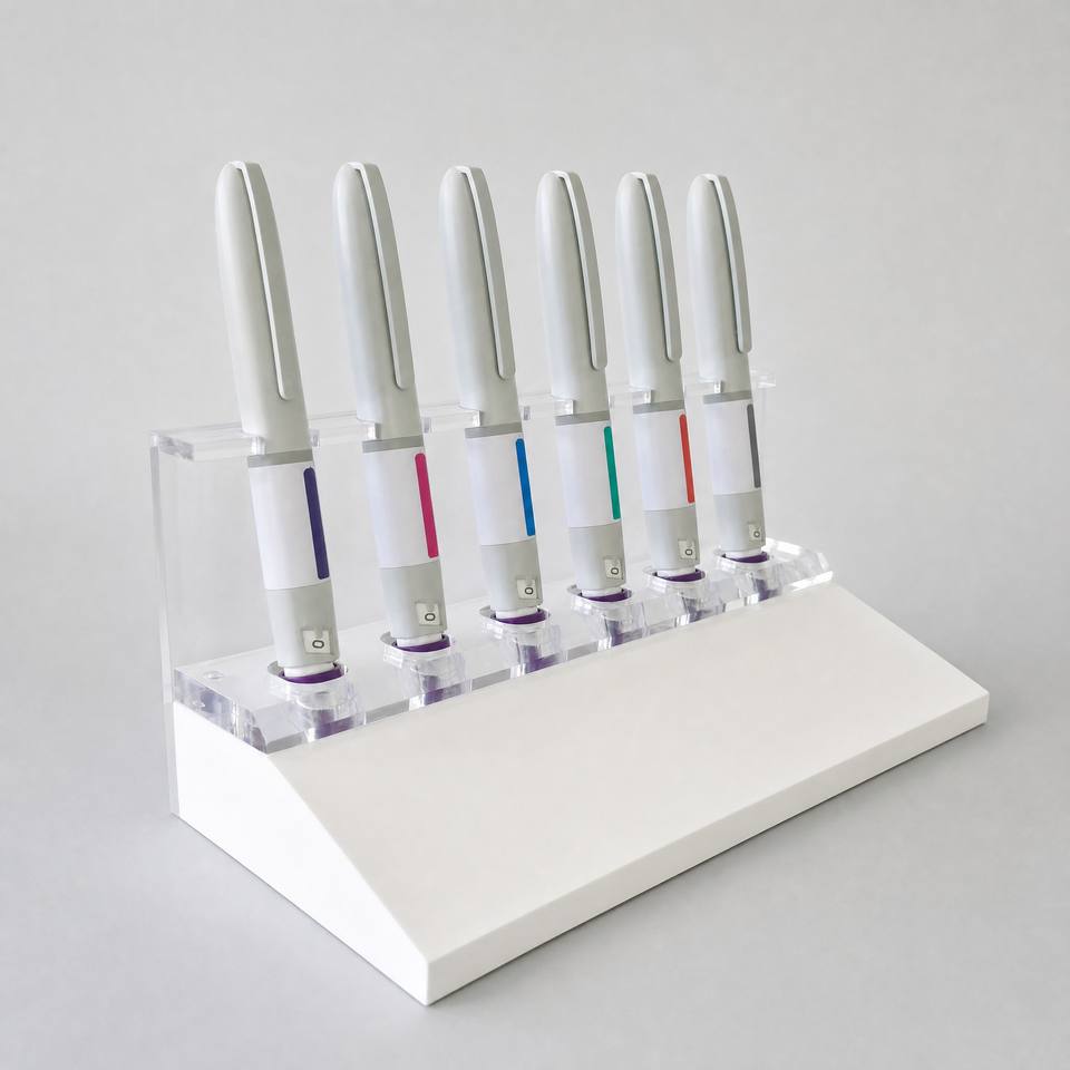 Six 1:1 scale resin injection pen display models standing in a white wedge base with a clear acrylic holder