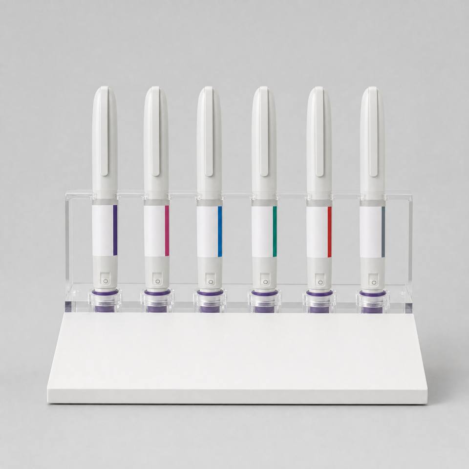 Front view of the injection pen display set showing the sloped white wedge base and transparent acrylic holder