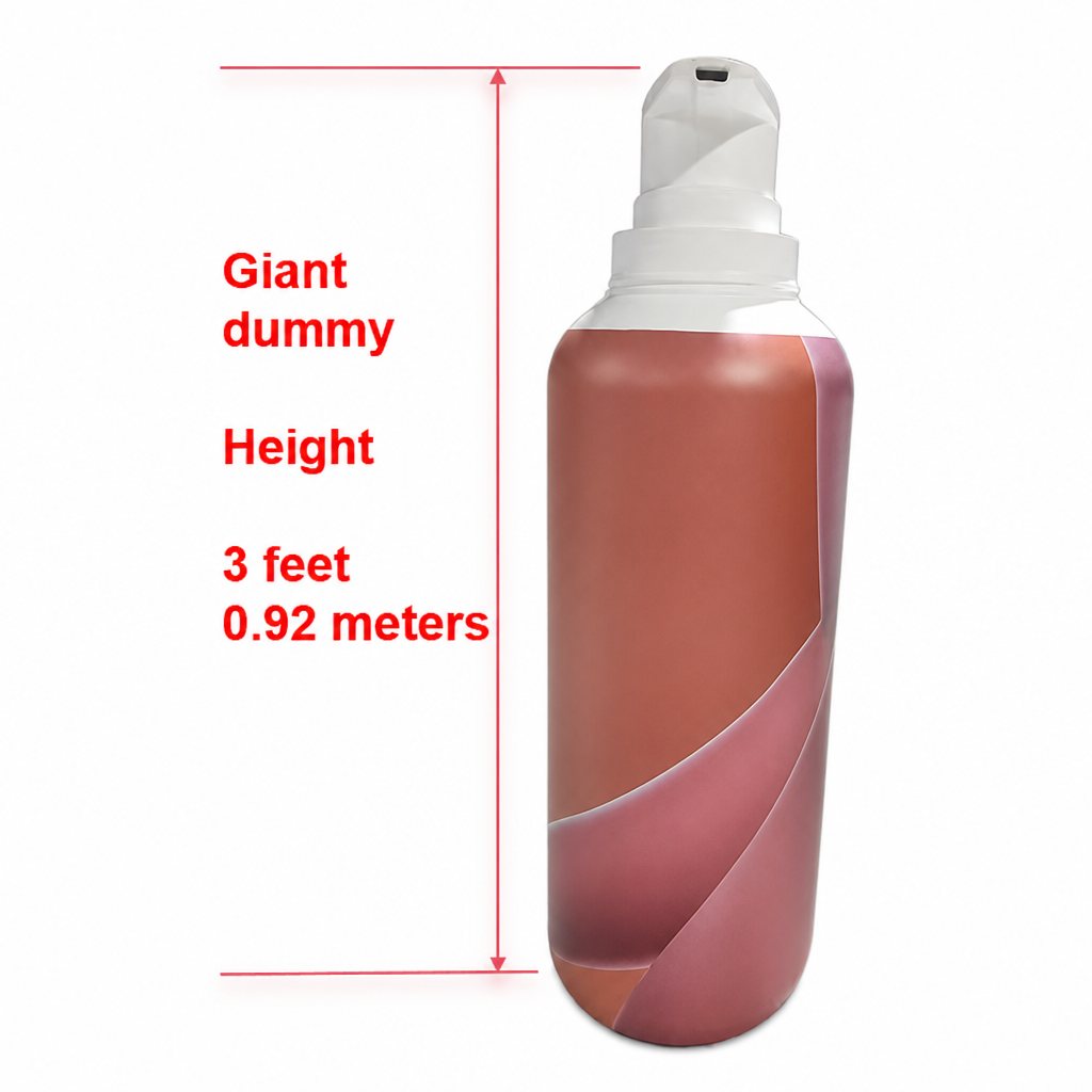 Height callout showing the giant dummy bottle at 3 feet, 0.92 metres, from the base to the top of the pump